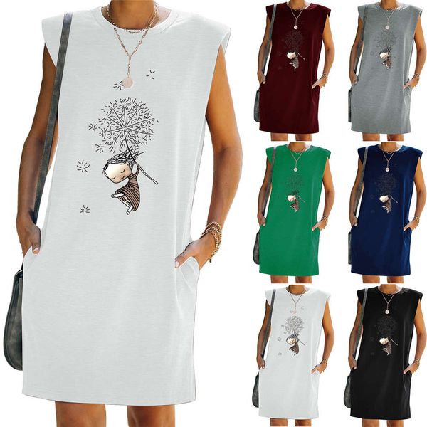 

summer fashion cartoon girl print dress, Black;gray