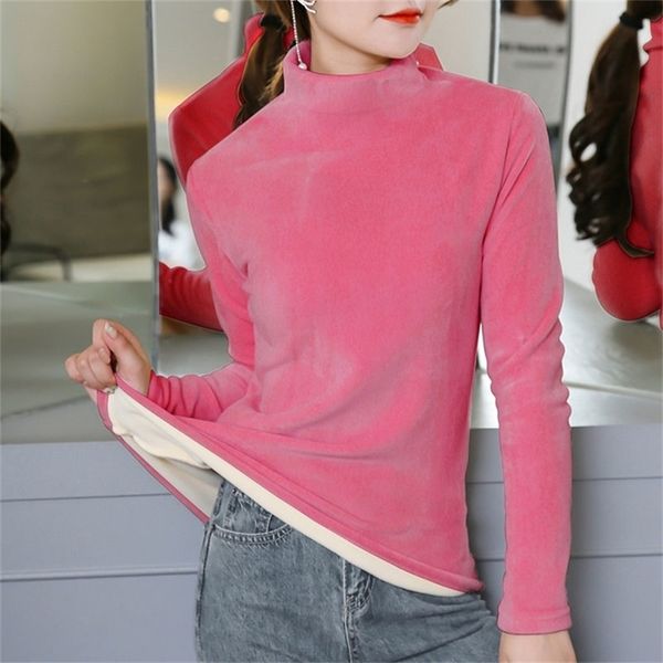 

winter thick warm solid base t-shirt women double-sided velvet half turtleneck bottoming fashion basic long sleeve soft tees 220315, White