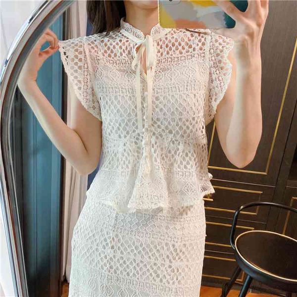 

women's blouses & shirts temperament hollow out lace blouse women chic flying sleeve blusas mujer summer elegant up woman m6g, White