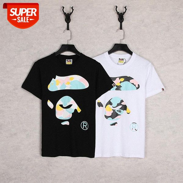 

japanese brand big ape head printing short-sleeved t-shirt men's casual bottoming shirt #2b4h, White;black