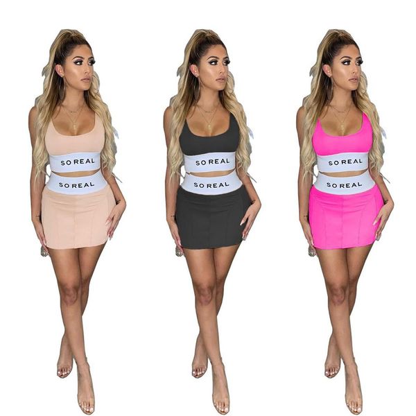 

summer real letter print womens set fashion tank & bodycon midi mini skirt suit two piece set sporty trasuit outfitby, White