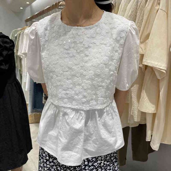 

fashion fake two piece sweet peter pan shirts women blouse summer short sleeve women chic bright silk blusas mujer 210514, White