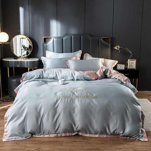 Set di biancheria da letto di lusso in raso di seta, copripiumino da letto ricamato, lenzuolo piatto con angoli, king size, queen size 210319