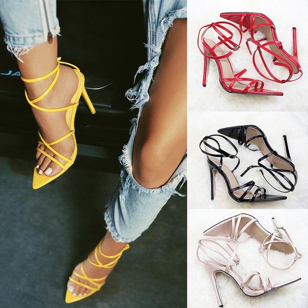 

super high 11.5cm thin heels women sandals ankle strap pumps shoes woman ladies pointed toe dress party, Black