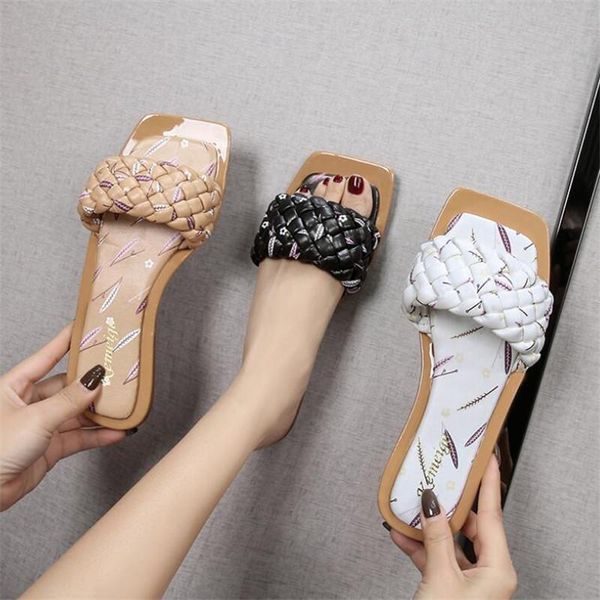 

slippers fashion weave women square toe flat casual shoes slide 2021 summer flip flops beach sandal slipper size 42, Black
