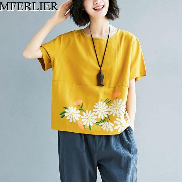 

women's blouses & shirts mferlier womens blouse o neck short sleeve flower embroidery navy blue red yellow large sizes cotton linen wom, White