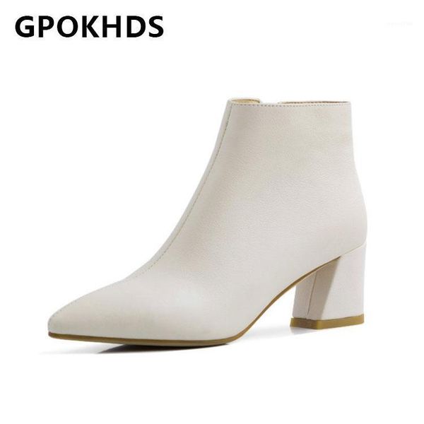 

boots gpokhds 2021 women ankle cow leather winter short plush pointed toe zipper high heels female size 401, Black