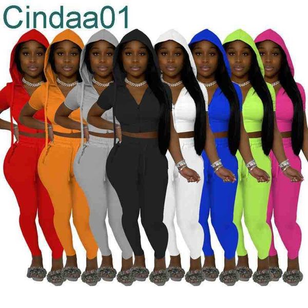 

women tracksuits two pieces set deisgner slim outfits autumn hooded zipper short sleeve pants solid colour sportwear 7 colours, Gray