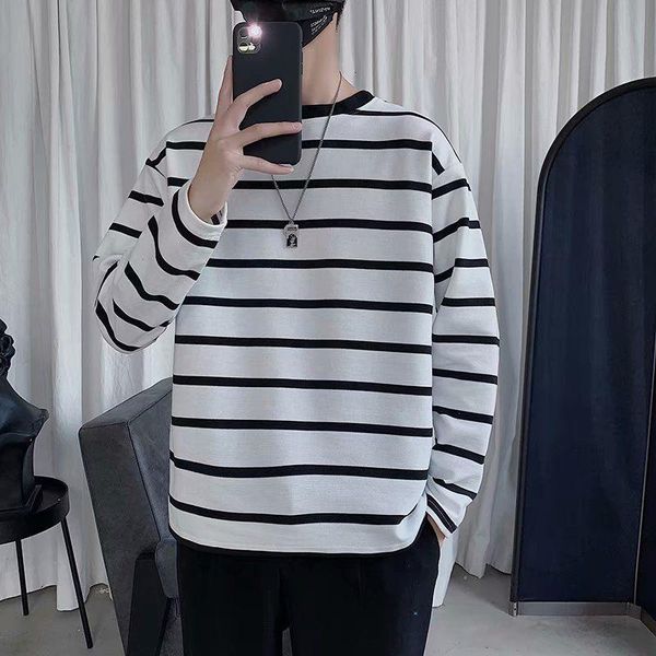 

men's long sleeve t-shirt korean fashion loose inside with stripe bottoming listing trend movement spring and autumn t-shirts, White;black