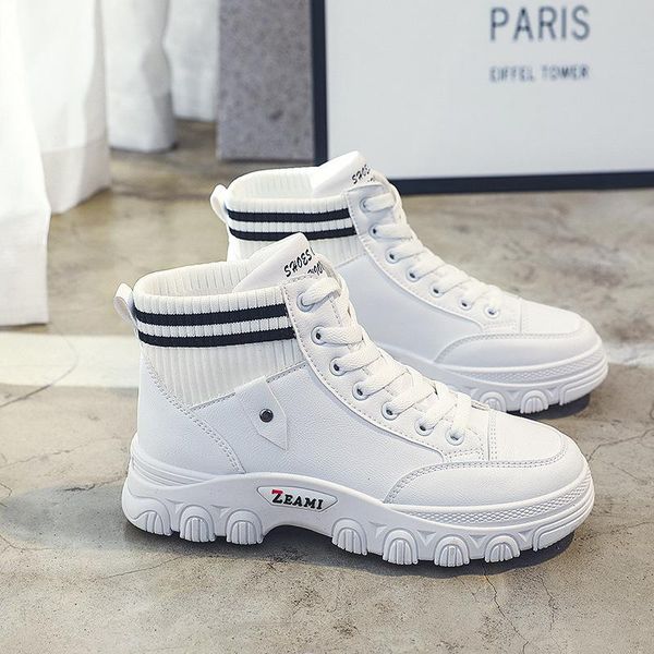 

boots 2021 spring white leather ankle women platform chunky sneakers high waterproof shoes korean styles elastic black