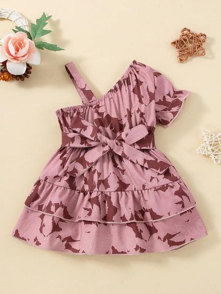 

baby floral print asymmetrical neck ruffle trim belted dress she, Red;yellow