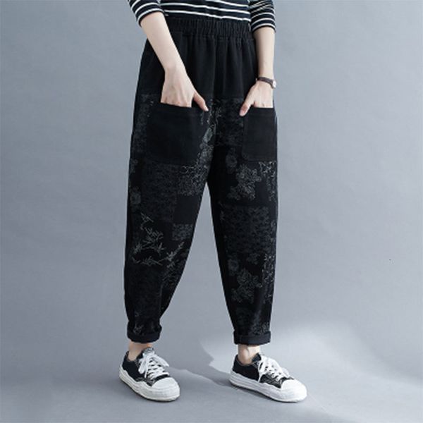 

women's jeans autumn arts style plus size women elastic waist vintage print cotton denim harem pants femme loose s47 cwj3, Blue