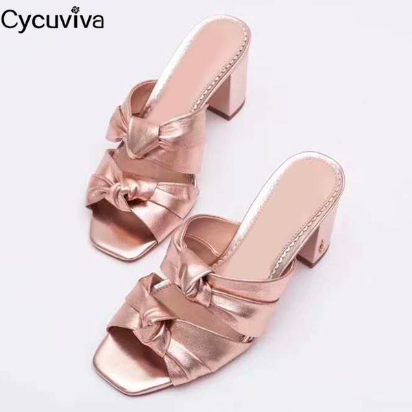 

slippers butterfly-knot chunky heels mules women patent leather open toe summer sandals runway slides brand party shoes femme, Black