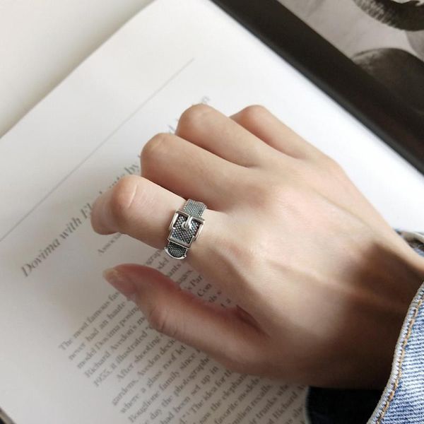 

cluster rings 925 sterling silver jewelry retro buckle shape engagement promise ring women girl creative open vintage belt resizable, Golden;silver