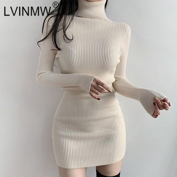 

casual dresses lvinmw solid simple turtleneck full sleeve mini dress slim chic elastic knitted women autumn temperament outfits, Black;gray