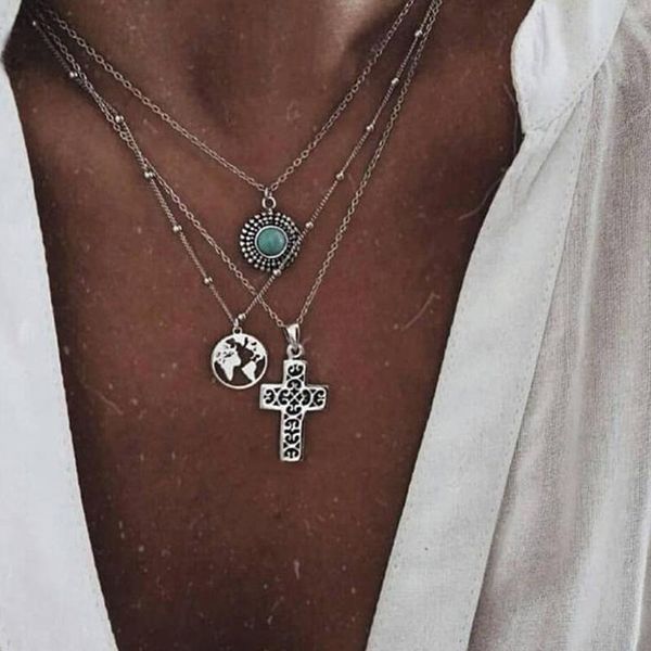 

pendant necklaces personality cross stone map triple layered chain necklace for women gifts her jewelry multilayer, Silver