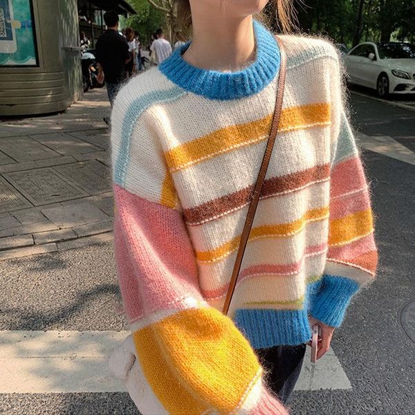 

women's sweaters haima fur rainbow striped sweater for women 2021 autumn and, White;black