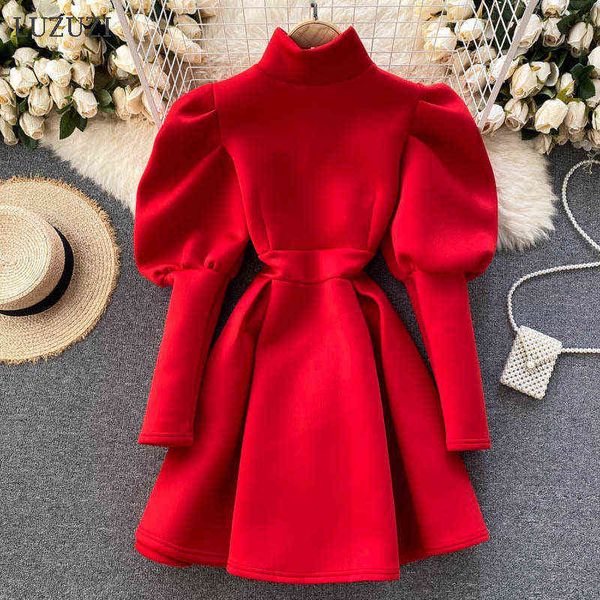 LUZUZI Herbst Winter Puff Langarm Kleider Für Neue Jahr 2021 Rollkragen Schlank A-Line Elegante Party Weihnachten Frau Rotes Kleid g1214