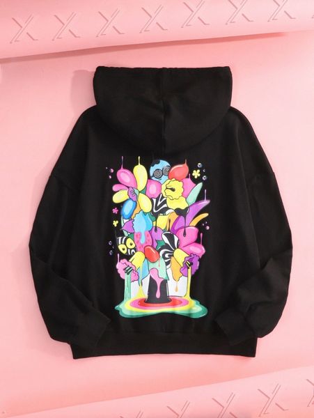 

x sarah wearer floral print kangaroo pocket drop shoulder hoodie d87k#, White;black