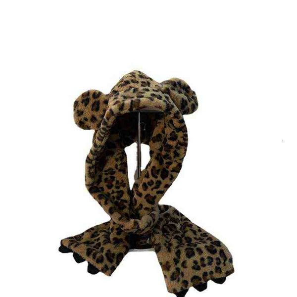 

korean fashion leopard lei feng hat autumn winter warm thickened scarf integrated ear cap personalized age reducing versatile, Blue;gray