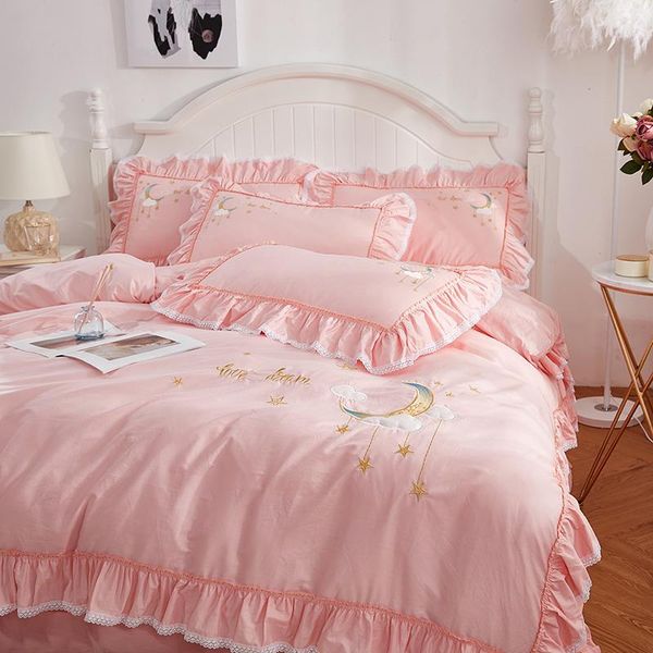 

bedding sets net red embroidery set cotton korean ruffles pink princess quilt/duvet cover bed sheet linen girls wedding textile home
