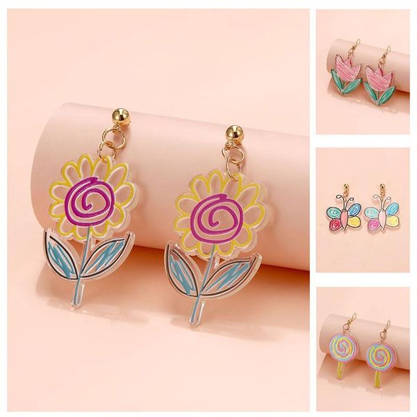 

dangle & chandelier acrylic flower tulip drop earrings resin pink elegant cartoon animal dangler korean fashion jewelry for women party gift, Silver