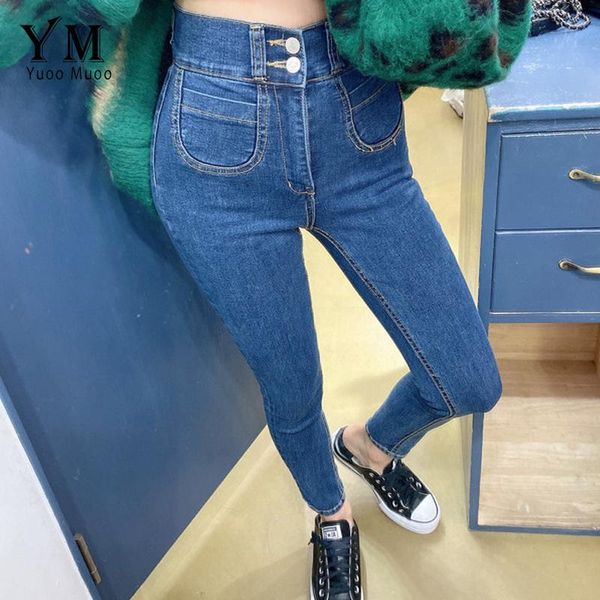 

women's jeans yuoomuoo vintage skinny two buttons high waist pencil women pockets stretchy denim tight pants full length trousers, Blue