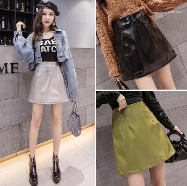 

skirts pu leather skirt female super fire silver small a-line pants bag hip1, Black