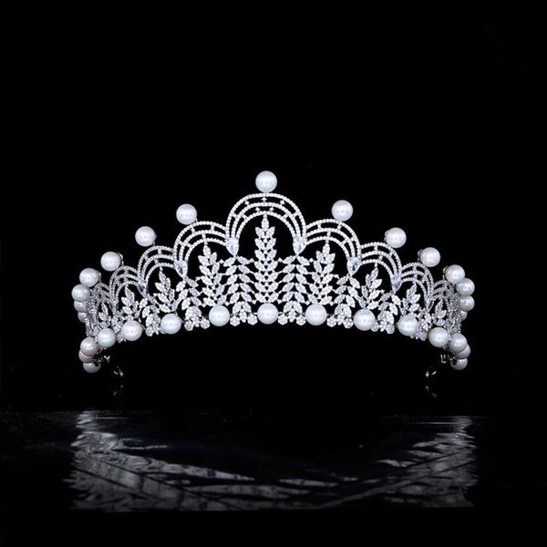 

hair clips & barrettes trendy leaf bride wedding crown luxury micro inlaid zircon bridal tiara pearls headband jewelry accessory hq0326, Golden;silver