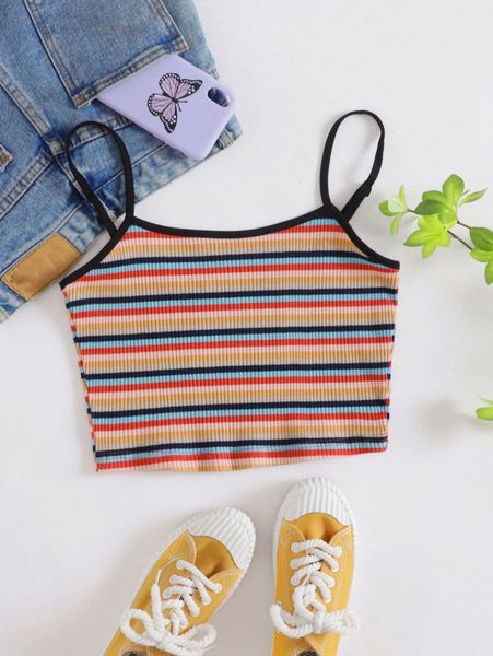 

striped rib-knit crop cami d07o#, White