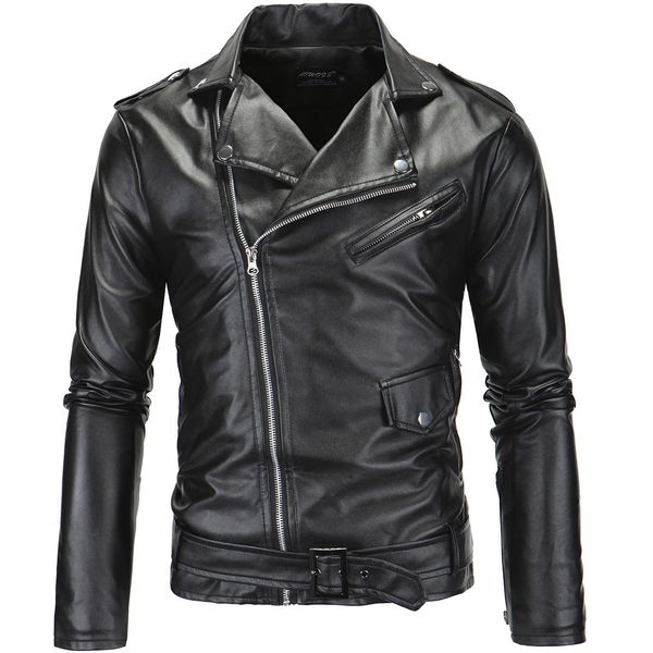 

2019 aowofs men's motorcycle slim fitting leather jacket with vertical collar and oblique zipper xp09, Black;brown