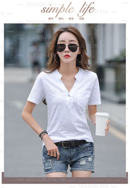 

women's tees short-sleeved summer style cotton loose button v-neck half-sleeved trend7978, White