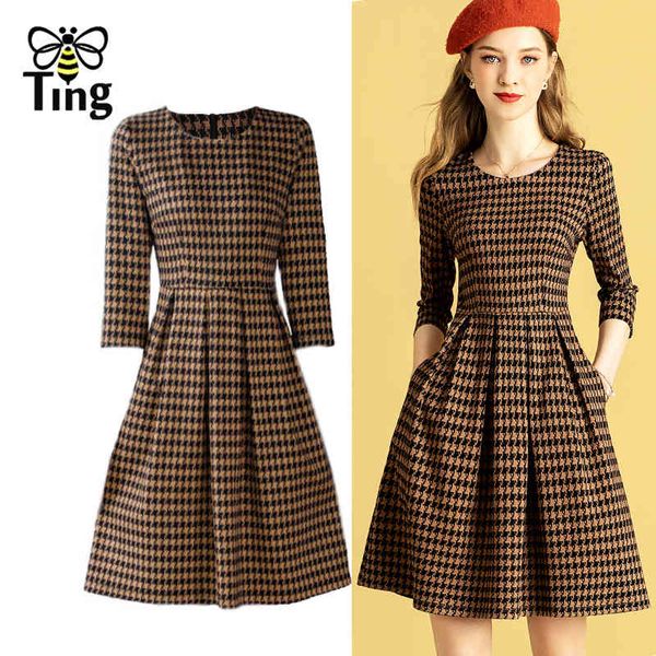 

high street stylish houndstooth spring a line dress women half sleeve plaid casual short office work plus size za 210513, Black;gray