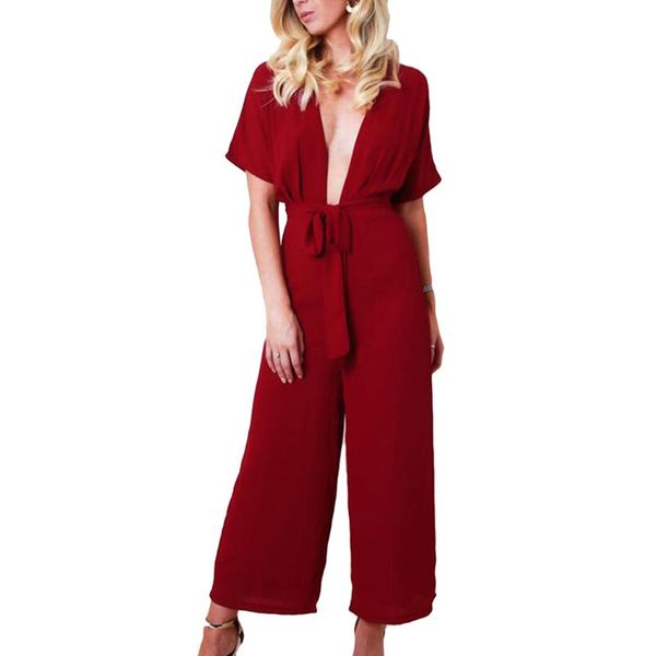 

women's jumpsuits & rompers womens jumpsuit deep v-neck bow lace up summer wide leg pants elegant office ladies short sleeve overalls, Black;white