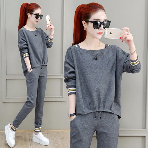 

large size women's early autumn suit 2020 new fashion foreign temperament age reduction leisure sports two-piece set spring and autumn, Gray