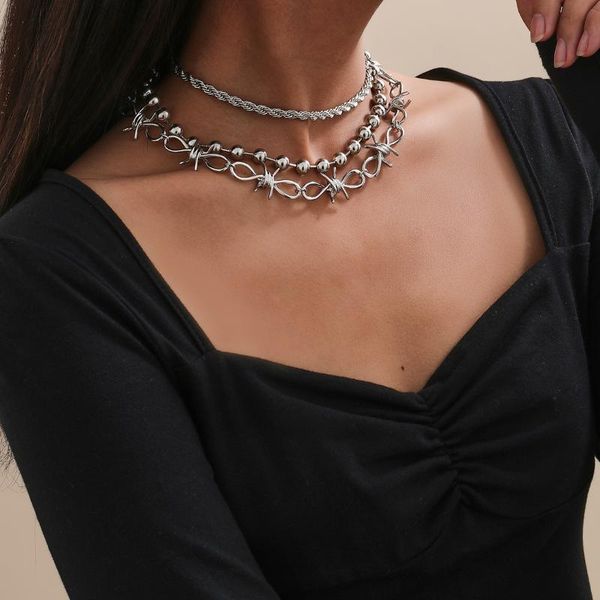 

chains 3pcs trendy choker hip-hop cool multilayer necklace for women girl jewelry exaggerated punk chain round bead stacking, Silver