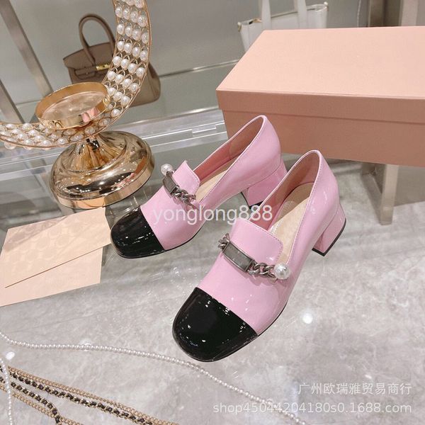 

dress shoes medium heel small fragrance single shoes thick french round head high pearl white mary jane women, Black