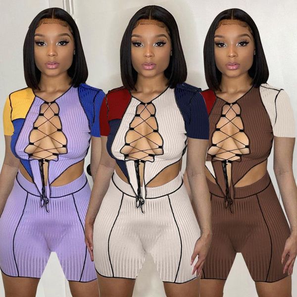 

women's tracksuits s-2xl summer 2021 women clothing 2 piece outfit fashion hollow strap and shorts two set wholesale drop, Gray