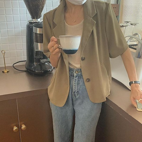 

women's suits & blazers retro lapel loose two button women simple solid office ladies summer short sleeve coat blazer sundress korean, White;black
