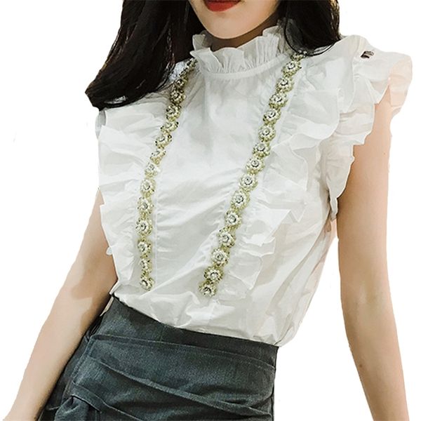 

dingaozlz summer short-sleeved ol ruffles white blouse beaded women chiffon shirt blusas mujer 210517