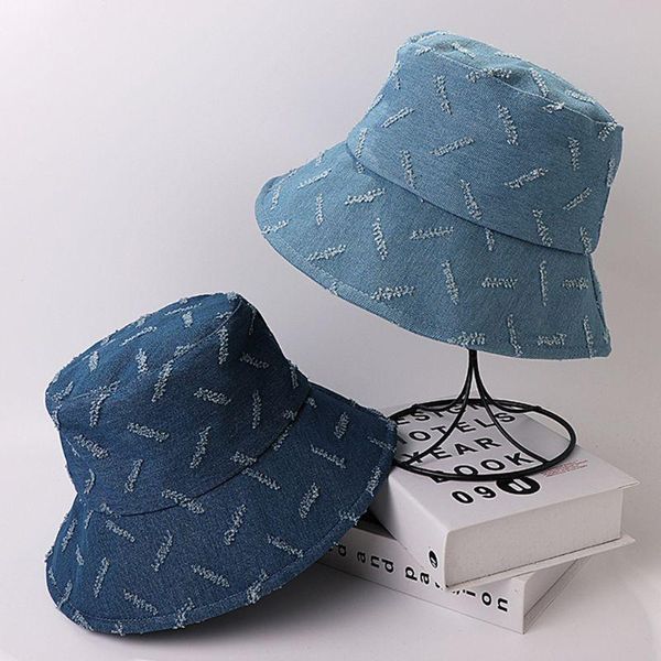 Mulheres verão Vintage Denim Bucket Hat Hat Stisting Stripes Padrão Padrão largo Proteção solar Proteção ao ar livre Capinhas de boné