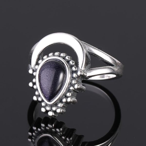 

cluster rings 925 sterling silver ring vintage jewelry finger for women 7x9mm water drop blue sandstone wedding anniversary party gifts, Golden;silver