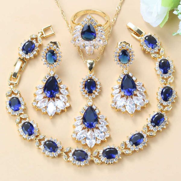 Set di gioielli africani Dubai Accessori da sposa color oro giallo Set di bracciali e anelli con zirconi blu a 6 colori H1022