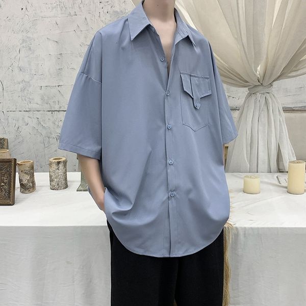 

men's casual shirts summer short-sleeved fashion solid color men streetwear korean loose social mens dress -2xl yzlq, White;black