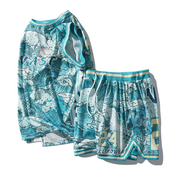 

tracksuit sport suit street brand loose basketball capris summer stroke wave print large sports leisure couple, Gray