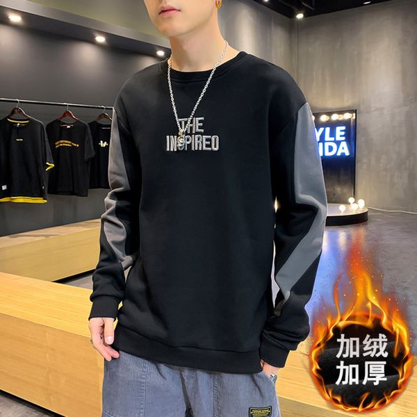 

men's round neck sweater winter plush handsome cloth fashion long sved t-shirt men's bottom shirt, Black