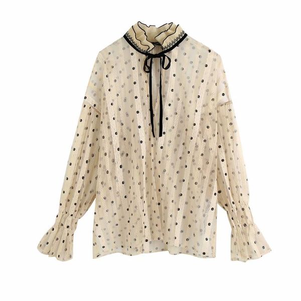 

elegant women beige pivot shirts 2021 fashion ladies bow lace stand collar shirt female polka dot chic girls blouses women's &, White
