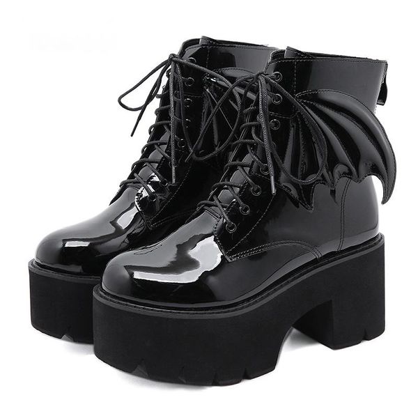 

fashion angel wing ankle boots high heels patent leather womens platform punk gothic model shoes prefect, Black