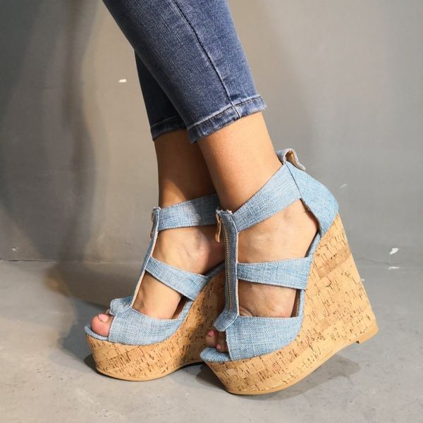 

sandals olomm arrival female platform denim sandals... high-heeled peep shoes... blue toe casual eua plus size 5-15. 74in, Black