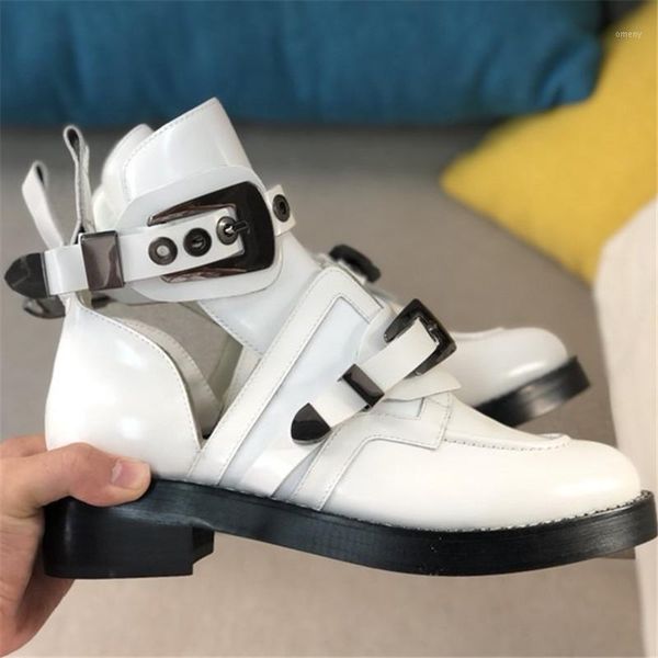 

cut out boots women metal shoes woman ankle buckle combat zapatos de mujer low heel fashion1, Black